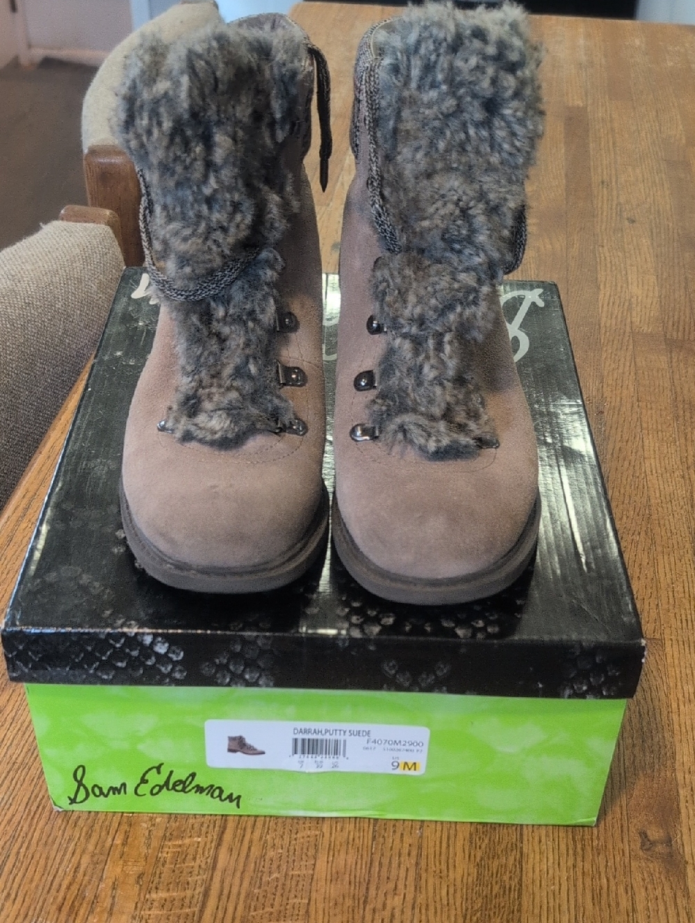 Sam Edelman Taupe Suede Faux Fur Trim Lace-Up Ankle Boots